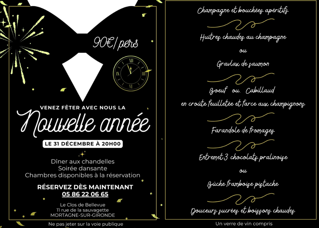 Affiche du réveillon du Nouvel An 2023 au Clos de Bellevue