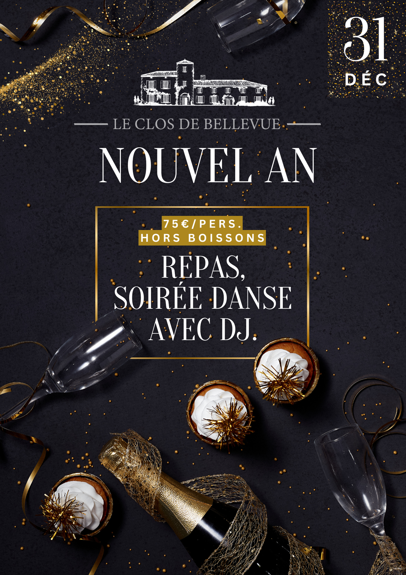Affiche du réveillon du Nouvel An 2025 au Clos de Bellevue
